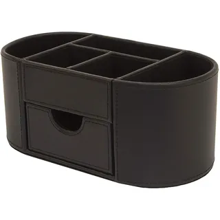 OSCO Schwarzer Schreibtisch-Organizer aus Kunstleder mit Schublade | Schreibtisch-Organizer | Stifthalter | Make-up-Behälter | Bleistiftaufbewahrung | 6 Fächer | Schreibwaren-Caddy | H10 x B23 x T12