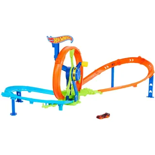 Mattel Hot Wheels Schnellstart- und Looping-Spielset und Die-Cast-Fahrzeug im Maßstab 1:64, Streckenset mit 8er-Kurve, Crash-Zone und Looping-Kicker, JBX65