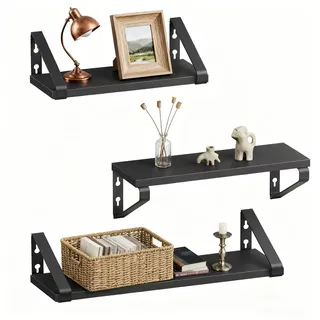 Relaxdays Wandregal, 3er Set, 3 Größen: 30, 35, 40 cm Breite, Holzoptik & Metall, Wandbretter für Bücher & Deko, schwarz