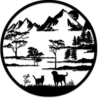 Berg und Wald Metall Wand Kunst, Schwarze runde Metallwanddekoration,Rustikale Wand Skulptur Hängen Home Decor für Garten Indoor Outdoor(50 cm)