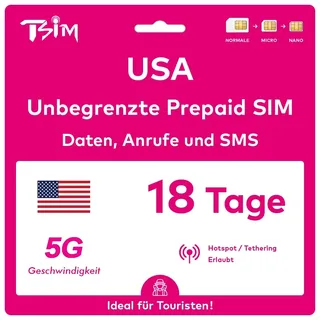 TSIM USA SIM-Karte 18 Tage. T-Mobile-Netz mit unbegrenztem Highspeed-Datenvolumen in 5G/4G/LTE | Unbegrenzte Anrufe und SMS innerhalb der USA (einschließlich Hawaii). 5G SIM-Karte!