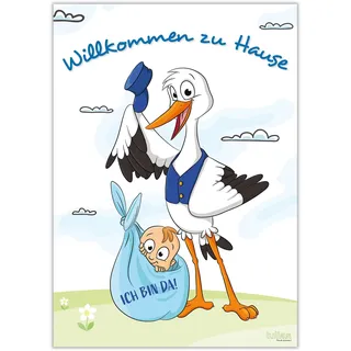 iulias Freude schenken! Poster zur Geburt Junge I Storch mit Baby I Willkommen zu Hause I XL DIN A2 Plakat I Babyparty Deko blau Geburtsgeschenk