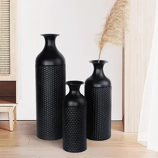 Große Schwarze Vasen, 69/51/42cm Bodenvase, 3 Stück modernen Waben Textur Metall Blumenvase für Wohnzimmer Hausecke Flur Dekor (mit glatter Oberfläche)