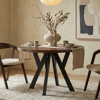 Runder Ausziehbarer Tisch für Esszimmer, PERO, Loft-Stil, Skandinavische, Durchmesser: 110 / 210 cm, Farbe: Franklin Nuss / Schwarz - Schwarz