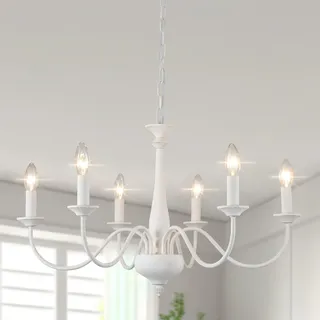 6 Flammig Vintage Kronleuchter Antik Weiß Höhenverstellbar 71cm 60W Dimmbar