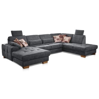 CAVADORE Wohnlandschaft Puccino mit Federkern, Sitztiefenverstellung und 2 Kopfstützen / Sofa in U-Form im Landhausstil / 340 x 86 x 224 cm / Mikrofaser grau