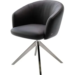 DeLife Drehstuhl Caja-Flex mit Armlehnen Echt-Leder Schwarz Kreuzgestell breit Edelstahl 360° drehbar Taschenfederkern, Esszimmerstühle