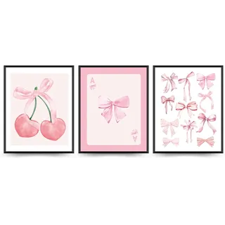 ETVISO Wandkunst-Poster mit pinker Schleife, 3er-Set, Wohnheim-Dekoration für College-Mädchen, rosa Schleife, Zimmer, Schlafzimmer, Badezimmer, Wandkunst, Dekoration, ästhetisch für Teenager, Mädchen