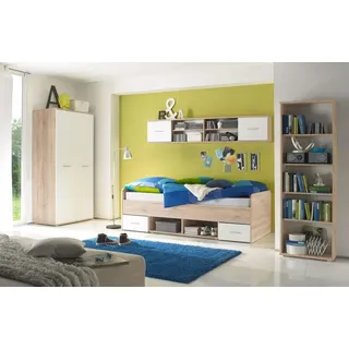 NANU Jugendzimmer Komplett-Set in Eiche San Remo Optik, Weiß - Kinderzimmer Möbel-Set 4-teilig bestehend aus Kleiderschrank, Bett, Standregal & Wandboard