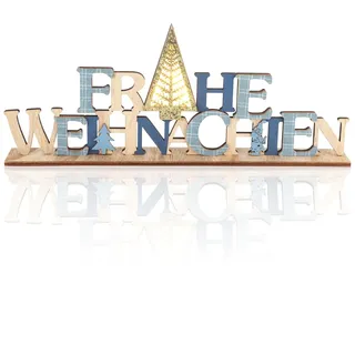 com-four® LED Deko Aufsteller aus Holz - beleuchteter Schriftzug auf Holzsockel - Deko-Schriftzug zum Hinstellen für Weihnachten - Stimmungslicht mit Timer (Tanne - blau + gold)