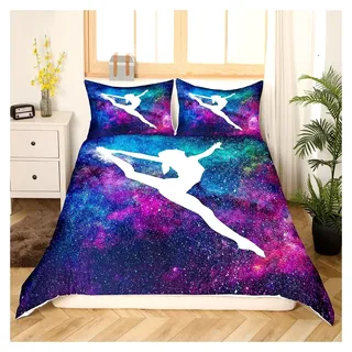 Gymnastik Bettwäsche Set mit Galaxie Sternenhimmel und Tänzer Silhouette für Mädchen und Frauen 135x200