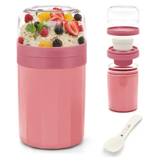IJIAMY Müslibecher to Go, Premium Qualitat Joghurtbecher to Go Kinder mit Löffel 520ML+250ML, Auslaufsicher Müsli to go Becher mit Soßenbox, Müslischale (Rosa)