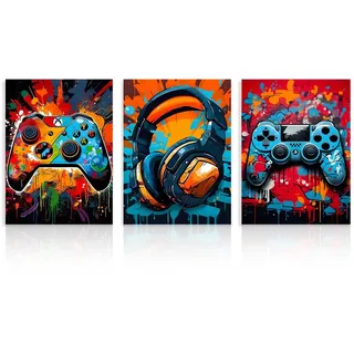 Dazzlewall 3Pcs Spiel Wand Kunstdrucke Graffiti Gamepad Kopfhörer Malerei Bilder, Coole Video-Poster für Teen Jungen Zimmer Schlafsaal Spiel Zimmer Dekor 30×40 cm Ungerahmt