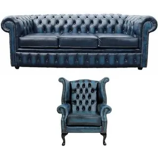 Sofagarnitur Chesterfield Polster Couch Sofa Leder Sitz Garnitur Ohrensessel - Dunkelblau