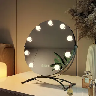 EMKE Hollywood Spiegel rund 40cm mit 3 Lichtfarben dimmbar, Schminkspiegel mit Beleuchtung 360° Grad drehbar mit 9 LED Lampen, Speicherfunktion Schminkspiegel für schminktisch Schwarz