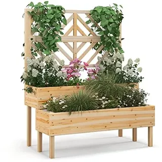 Costway Blumenkasten mit Spalier 60 x 30 cm Natur