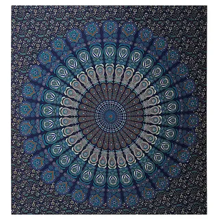 FURNISHFUL FINESSE Wandteppich, Mandala-Pfau, Marineblau, 76 x 102 cm | Dekorative Baumwoll-Wanddecke für Wohnzimmer, Schlafzimmer oder Boho-Räume; vielseitig als Wandbehang und Heimdeko.