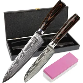 ZEUß Damastmesser Set 2er (32 cm und 24 cm) TÜV geprüfter 62 HRC Damaststahl aus 67 Lagen I Damast Küchenmesser Set mit Chefmesser Santokumesser Schleifstein Holzgriff Klingenschutz & Geschenkbox