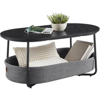 VASAGLE Couchtisch oval, Tisch mit Stauraum, Beistelltisch, Wohnzimmertisch mit Korb aus Stoff, modern, Metallrahmen, tintenschwarz-schiefergrau LCT222B56