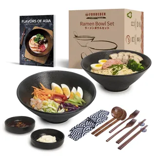 Keramik-Suppenschüssel-Set, 2×1800 ml Ramen Bowl, Große Japanisches Nudelschalen mit Löffel und Stäbchen, Traditionell Asiatisches Geschirr Set, für Udon, Pasta, Pho, Soba, Müsli & Salat