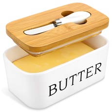 X-Chef Butterdose mit Deckel, Keramik-Butterbehälter mit Buttermesser, großer Butterbehälter für Kühlschrank, Arbeitsplatte, für 2 Standard-Butterstäbchen, 500 ml, Weiß