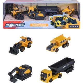 MAJORETTE 4er-Auto-Set Volvo Construction Baustellenfahrzeuge - 4 Baufahrzeuge aus Metall (Bagger, Radlader, Muldenkipper, Knicklenker), Baustellen-Spielzeug für Kinder ab 3 Jahre, je 7,5-12 cm