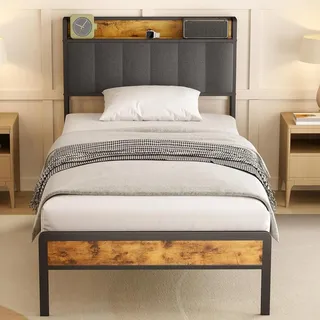 Bealife Plattformbett 90 x 200 cm, Bettgestell aus Metall und Holz mit Gepolstertem Kopfteil, Leises und Stabiles Metallbettgestell für Kinder, Jugendliche und Erwachsene (Dark Gray, 90×200cm)