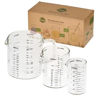 TreeBox Messbecher aus Glas mit Ausgießer – hitzebeständiges 3er-Set | Robuste und Mikrowellengeeignet dank Borosilikatglas- Perfekt zum Backen und Mischen dank Maßskalierung [ 50,125 & 50ml]