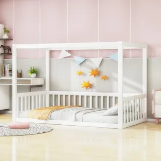 Flieks Kinderbett Bodenbett 90x200cm ohne Lattenrost, Spielbett Einzelbett Massivholzbett mit Rausfallschutz, Himmelbett Bettgestell, Weiß - Weiß
