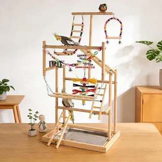Vogelspielplatz aus Holz,mit Edelstahl-Feeder-Cup,Bunte Kunststoffkette für Haustiere,für Papageien und andere Vögel,94.5 * 48 * 33.5cm