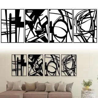 BONJUME Wanddeko, 4 Stück Wanddeko Metall Abstrakte Wandkunst Line Wandskulptur Schwarze Hängend Wanddekoration 3D-Struktur Metallbilder Minimalist Line Art für Wohnzimmer Schlafzimmer Badezimmer