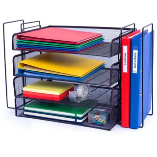 Relaxdays Briefablage, Metall, A4, 4 Fächer, 2 Stehsammler, HxBxT: 30 x 49,5 x 24,5 cm, Schreibtisch Organizer, schwarz
