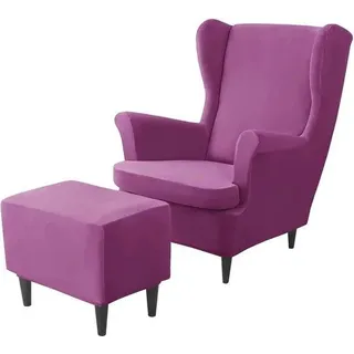 Set aus Samtbezügen für Flügelstühle in Lila – inklusive Bezug für einen rechteckigen Aufbewahrungsfußschemel – ideal für das Wohnzimmer - Lila