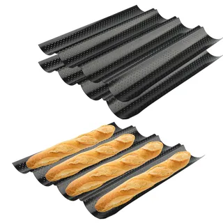 SEUICYNE 3 Stück Premium Baguette Backform, 38 x 33cm Baguette-Backblech mit Antihaftbeschichtung, Baguetteblech für 4 Baguettes, Brötchen Backform Schwarz, Brot Backen Zubehör, Backen von Brot