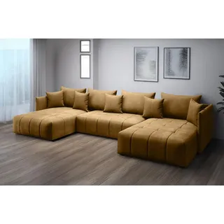 furmeb24 ASPEN U Ecksofa mit Schlaffunktion Bettzeugablage 346x188cm, U Form, Senf- Gelb - Gelb