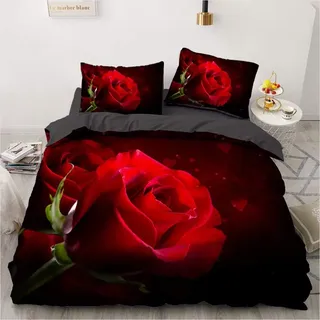 Luowei Bettwäsche 155x220cm Rote Rose Blumen Muster Bettbezug Set Weiche Microfaser Romantische Aesthetic Blüten Bettbezug mit Reißverschluss und 2 Kissenbezüge 80 x 80 cm