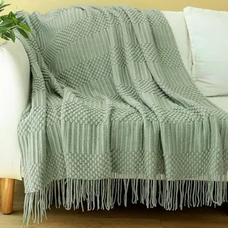 Blagic Gestrickte Überwurfdecke für Couch, Bett und Sofa. Superweiche Decke mit Quasten, salbeigrüne Überwurfdecke, 127 x 152 cm, leichte und gemütliche Heimdekoration