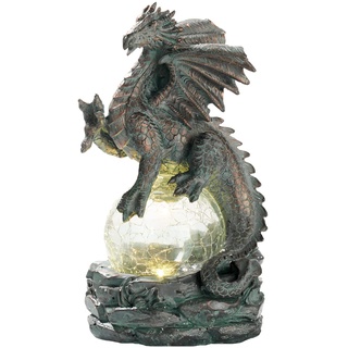 TERESA'S COLLECTIONS 22cm Garten Drache Figur mit Solar Licht, Gartenstatue Solar Glaskugeln Beleuchtung wasserdichte Bronze Kunstharz Gartenfiguren für Außen, Rasen Geschenke für Frauen