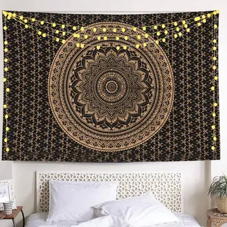 THE ART BOX Indie Wandteppich Baumwolle Mandala Wandbehang Deko Teppich Aesthetic Room Decor Dekoration Wohnzimmer Indische Tücher Schlafzimmer Deko, Schwarzes Gold, 210x230 Cm