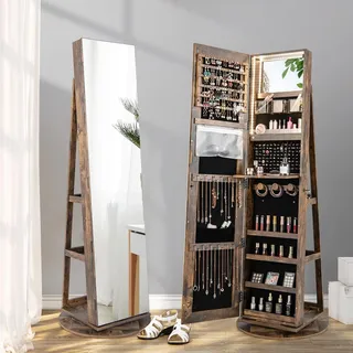 Schmuckschrank drehbarer mit Ganzkörperspiegel, freistehender Make-up-Schrank mit innerem Schminkspiegel & 3-farbiger LED-Licht, abschließbarer Spiegelschrank mit Schlüsseln - Dunkelbraun