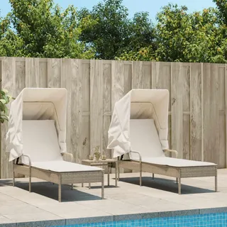 Sonnenliegen 2-er Set mit Dach und Tisch Beige Poly Rattan - Beige