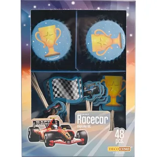 DECOCINO Muffin-Set Racecar 48-tlg. - 24 Cupcake-Förmchen mit Ø 5 cm & 24 Muffin-Topper aus Papier, ideale Deko für Kindergeburtstage & Motto-Partys