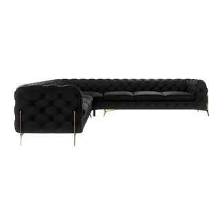 s-style möbel - Chesterfield Ecksofa Nova mit Goldene Metall Füßen aus Schwarz Samtstoff, B/T/H: 323 cm/ 323 cm/ 75 cm - Schwarz