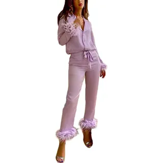 shownicer Pyjama Satin Damen Set Weihnachten Party Schlafanzug Lang Elegant Nachtwäsche Zweiteilige Sexy V-Ausschnitt Button Down Feder Einfarbig Pyjama Set Gift