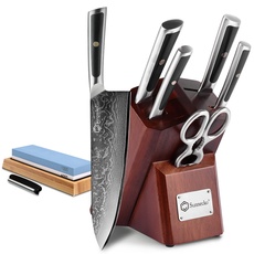 Sunnecko 7tlg Damastmesser Messerblock mit Messer - Messer Set mit Block Damaststahl Klinge Ergonomischer Griff, Messerset mit Küchenschere Messerhalter