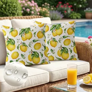 SKIPTHYBER 2 Stück Outdoor Kissenbezüge 45 x 45 cm - Gelb Zitronen Kissenhüllen Outdoor Kissen Gartenkissen Sofakissen Wetterfest Couchkissen Zuhause Dekoration Frühling Sommer Deko