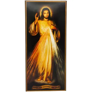 Lunexus Wandbild Barmherziger Jesus 15 × 7 cm – Gesegnetes Mini-Holzbild „Jesus, ich vertraue auf Dich“ – Hochwertiger Kunstdruck mit Weihe-Zertifikat – Religiöses Geschenk für Haus oder Kapelle
