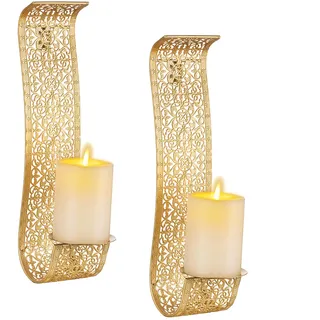 Sziqiqi Vintage Wandkerzenhalter Gold Metall: Kerzenhalter Wand 2er Set | mit 2 Schrauben, Blumenmuster, für Stumpenkerzen, für Wand Deko, Wohnzimmer, Esszimmer, Schlafzimmer, Küche, Kamin, Flur