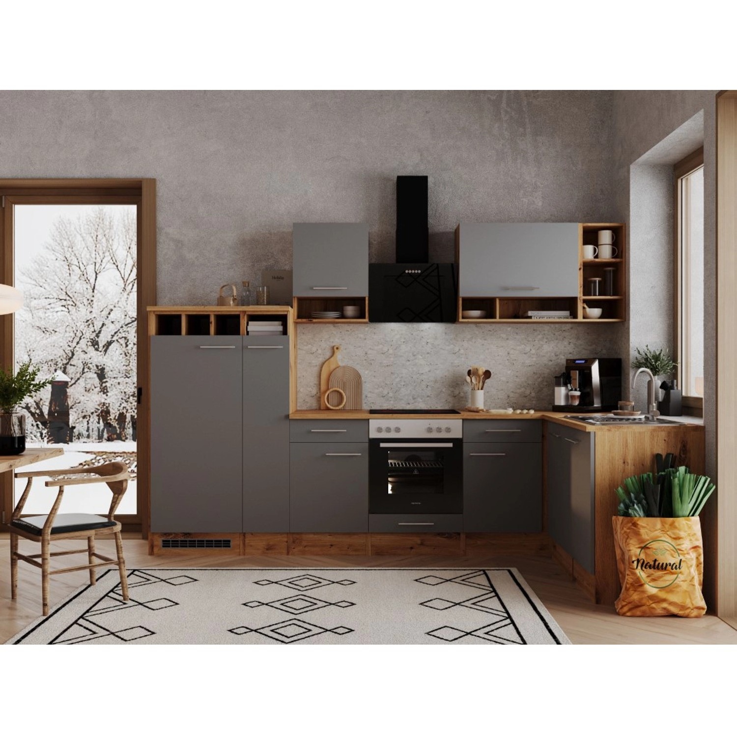 Bild von Winkelküche Hilde L-Form E-Geräte 310 x 172 cm grau/wildeiche nachbildung