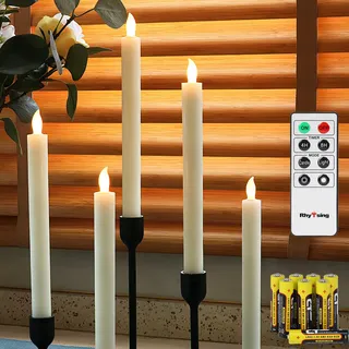 Rhytsing 5 flammenlose LED Stabkerzen Tafelkerzen mit Timer Funktion Rustik-Design, Höhe je 25cm, Druckknopf, Leuchterkerzen mit warmweißes Licht, Fernbedienung und Batterien enthalten